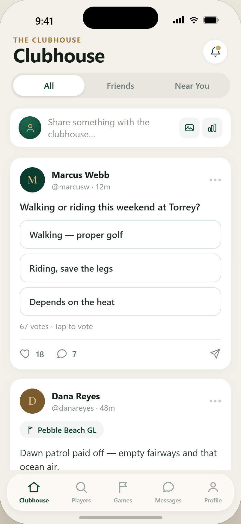 The Players Golf app, showing the clubhouse feed